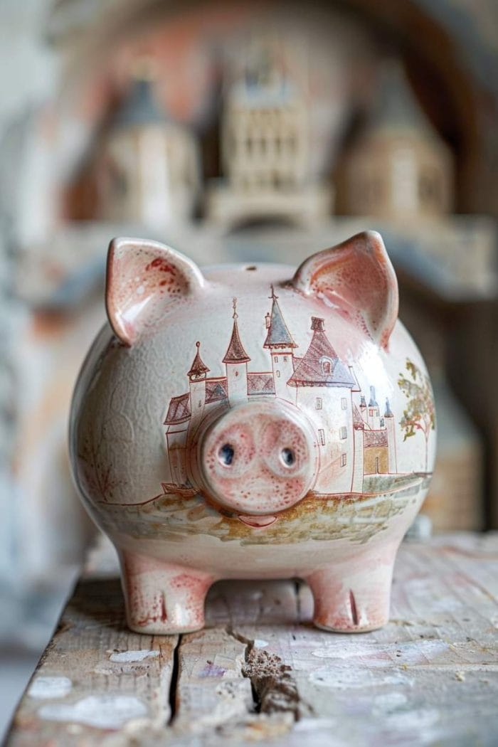 The piggy bank is painted in a palette of pinks to depict a fairytale princess castle complete with towers and turrets.