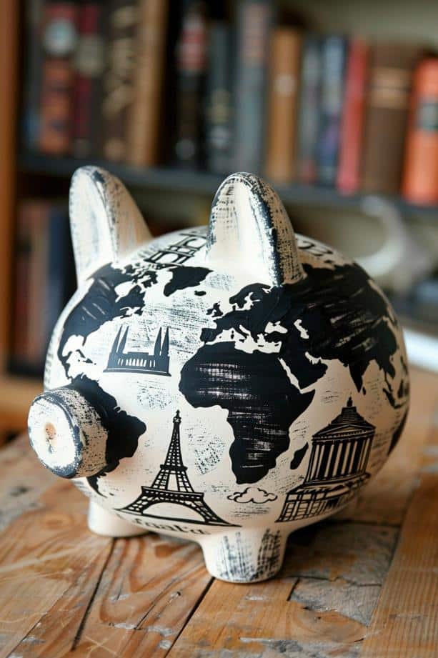Crafted to resemble a well-traveled suitcase, this piggy bank features a distressed paint job and painted landmarks from around the world.