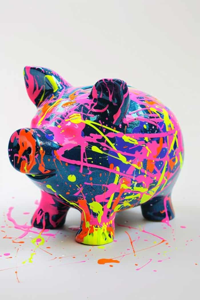 This piggy bank bursts with neon colors in a spontaneous splatter art design. The bright, fluorescent paints used create a lively visual effect that's both playful and motivational, ideal for those who appreciate the vibrant, energetic decor.