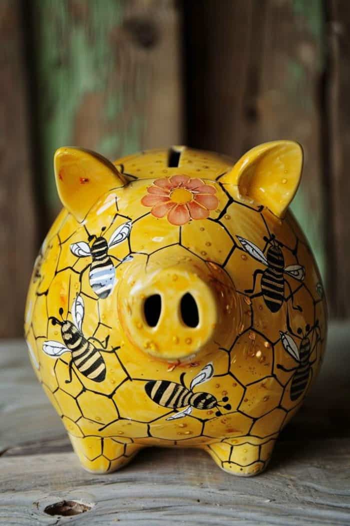 Shaped and painted like a classic beehive, this yellow piggy bank is adorned with painted bees and honeycomb patterns.