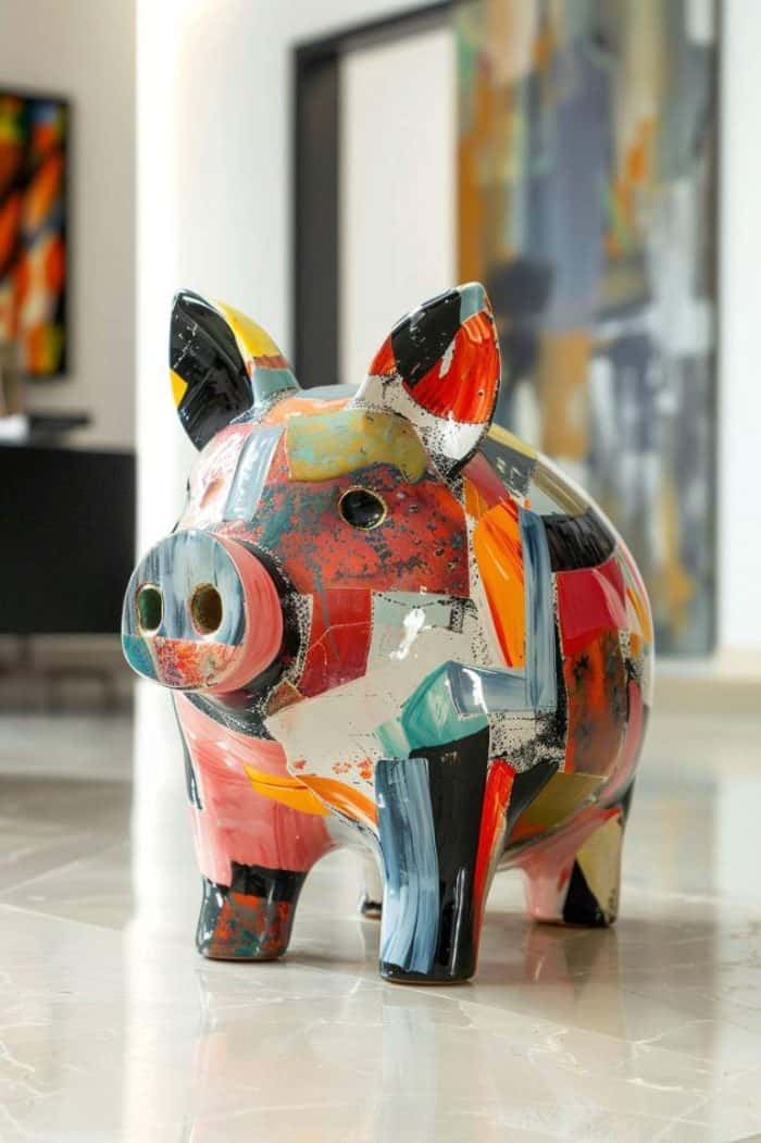 Covered in a collage of abstract shapes and colors, this piggy bank is a nod to modern art.