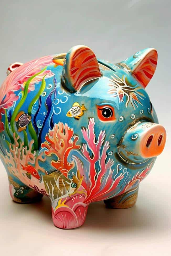 This piggy bank is a canvas for a colorful underwater scene, complete with coral reefs and fish.
