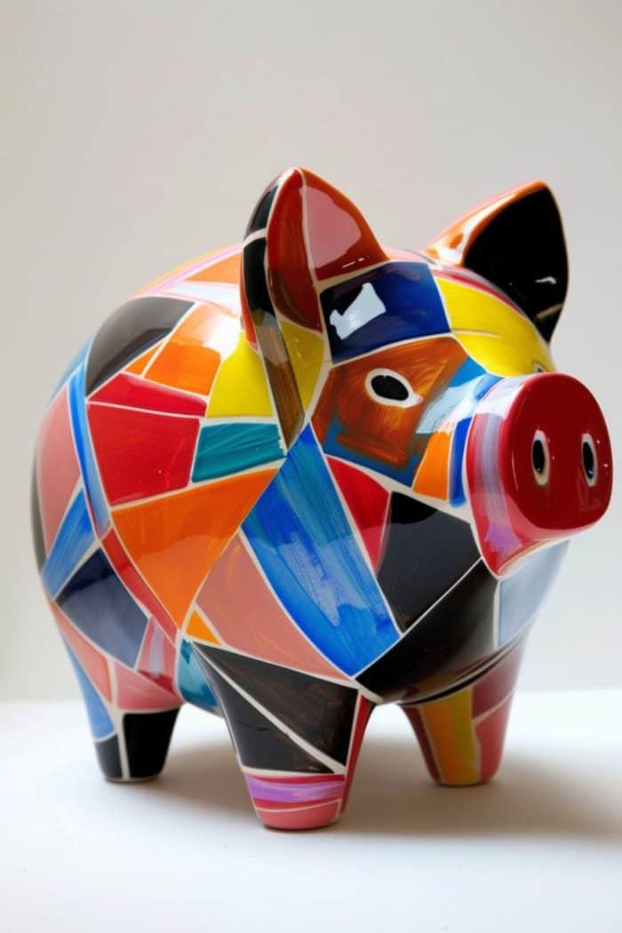 This piggy bank combines sharp geometric shapes with a spectrum of bold, contrasting colors, creating a striking piece of functional art.