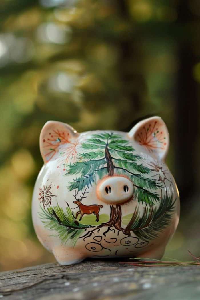 This piggy bank, decorated with a serene forest scene, features hand-painted fir trees and reindeer.
