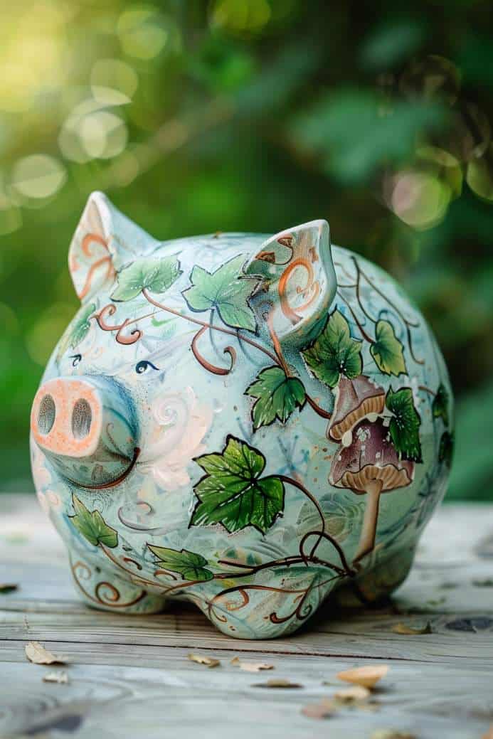 Adorned with brown mushrooms and trailing ivy, this piggy bank transports you to an enchanted garden.