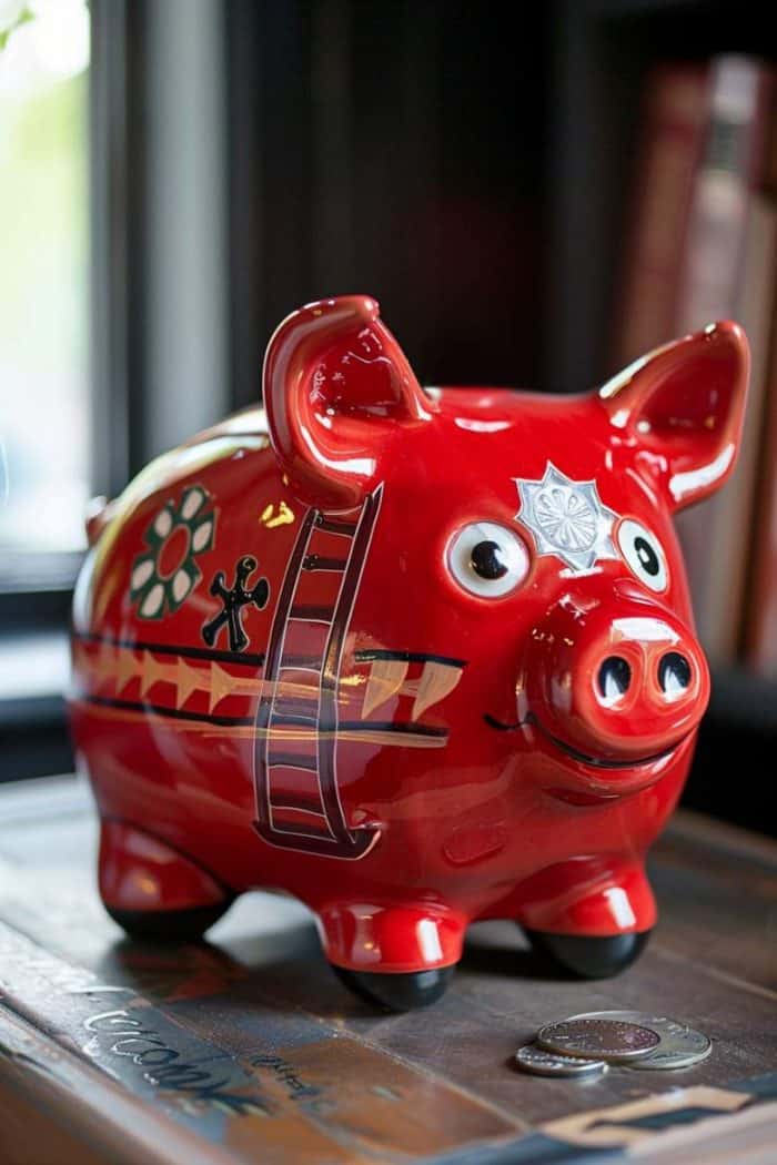 Painted in a glossy fire engine red, this piggy bank resembles a classic fire truck with details like ladders, hoses, and wheels.