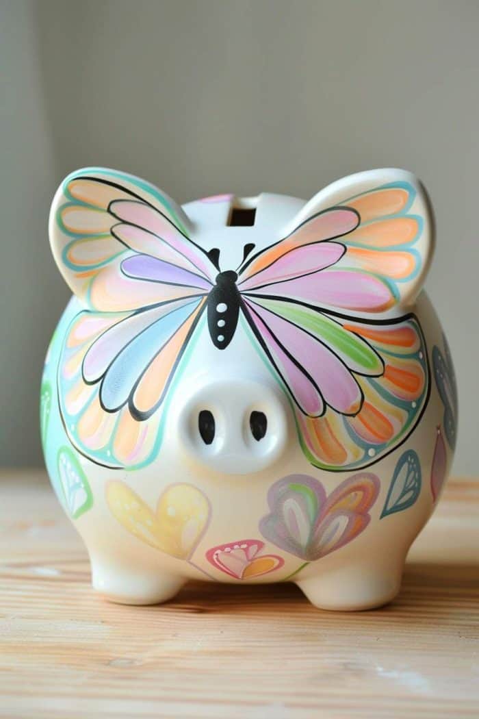 With a design featuring pastel-colored butterfly wings, this piggy bank is a delight for the eyes.