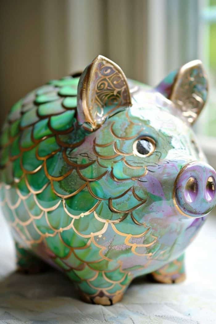 This piggy bank boasts a textured surface painted in greens and purples to mimic the look of dragon scales.