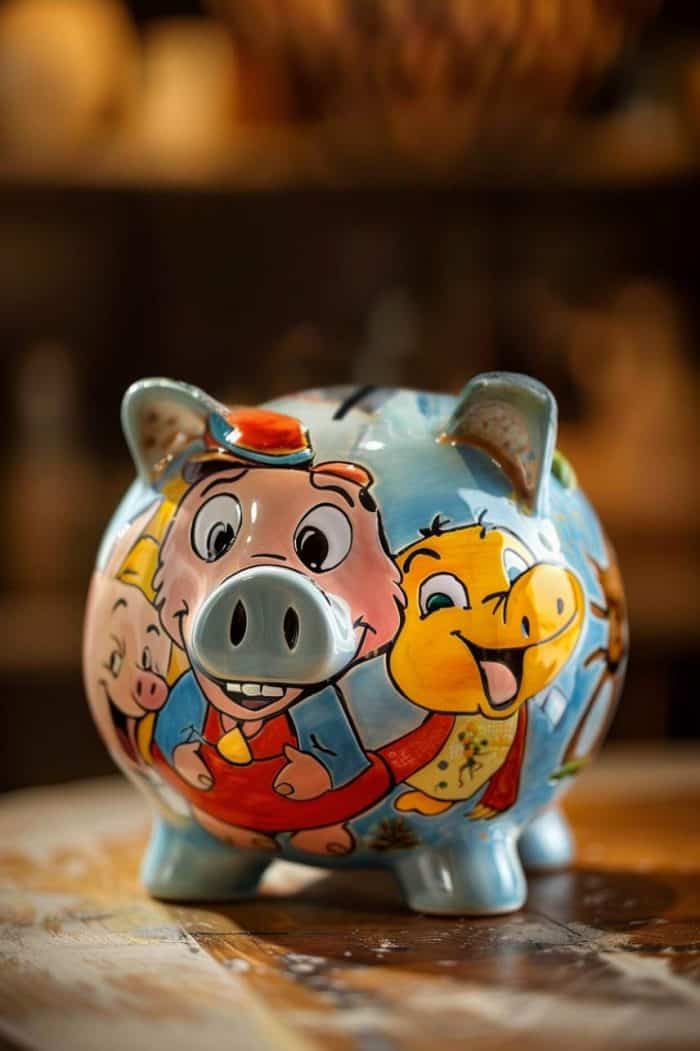 This piggy bank serves as a canvas for cute cartoon characters, painted with precision.