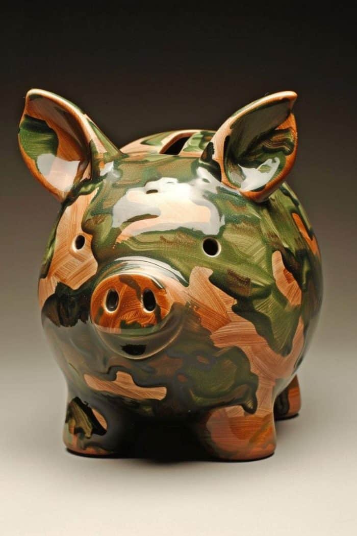 This piggy bank mimics the patterns of military camouflage and blends earthy tones of green and brown.