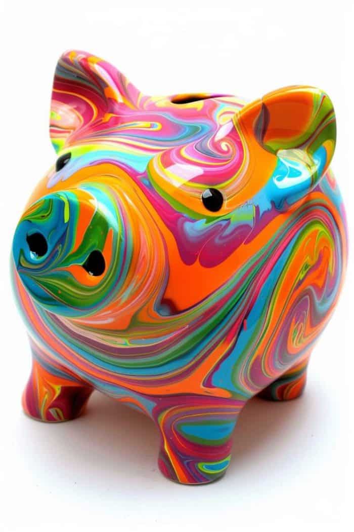 Splashed with a spiral of vibrant colors, this piggy bank features an eye-catching swirling design that's hypnotizing. The swirling patterns can be customized to your choice of hues.