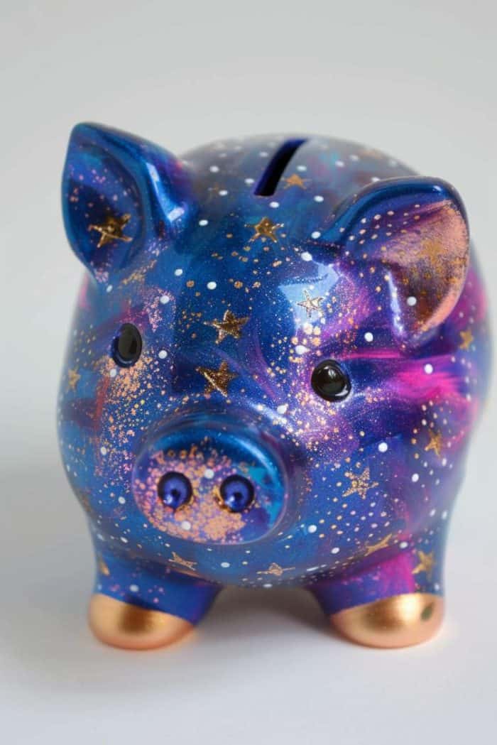 Adorned with a deep blue and purple paint job, this piggy bank is dotted with white and gold stars to represent a distant galaxy.
