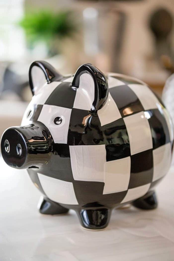 This piggy bank, designed with the black and white squares of a chessboard, is a tribute to the game of kings.