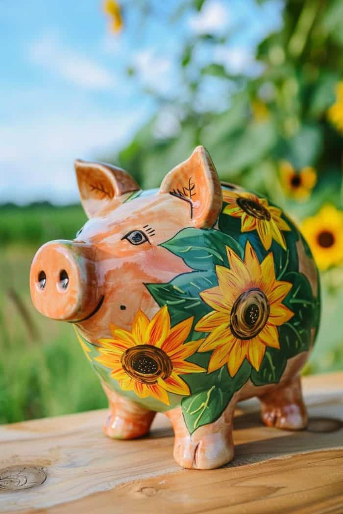 This piggy bank radiates the joy of a sunflower field, with vibrant yellows and greens that capture the essence of sunny days.