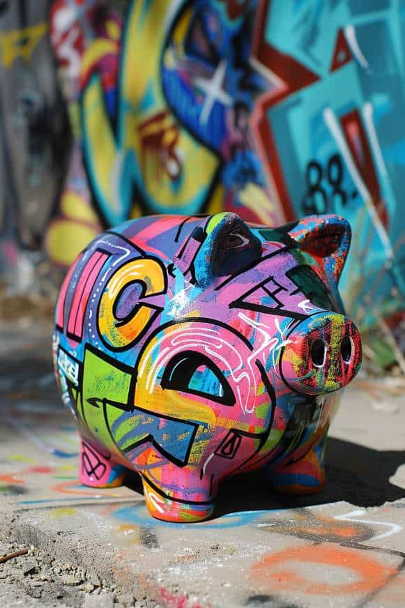 Emulating the dynamic energy of street art, this piggy bank is a canvas for graffiti-style designs, featuring bold lettering and vibrant, splashy backgrounds.