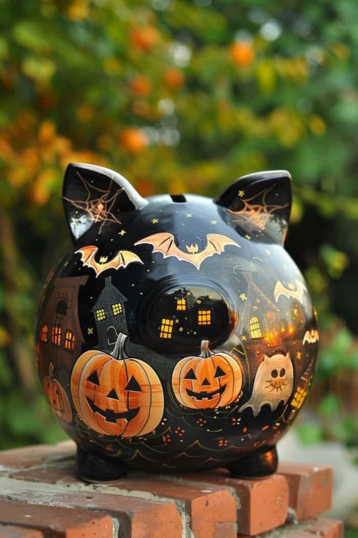 This piggy bank is painted with Halloween motifs, including jack-o'-lanterns, ghosts, and bats, against a spooky nighttime scene with haunted houses.