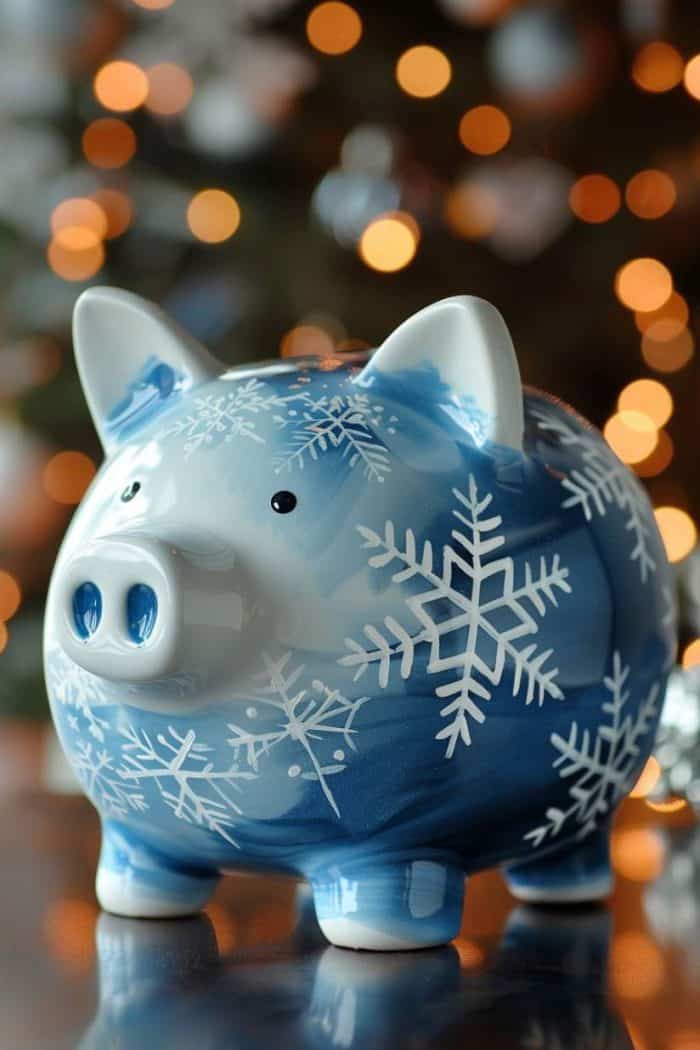 This piggy bank is painted in cool blues and whites, with each side featuring unique snowflake designs that mimic the individuality of real snowflakes.