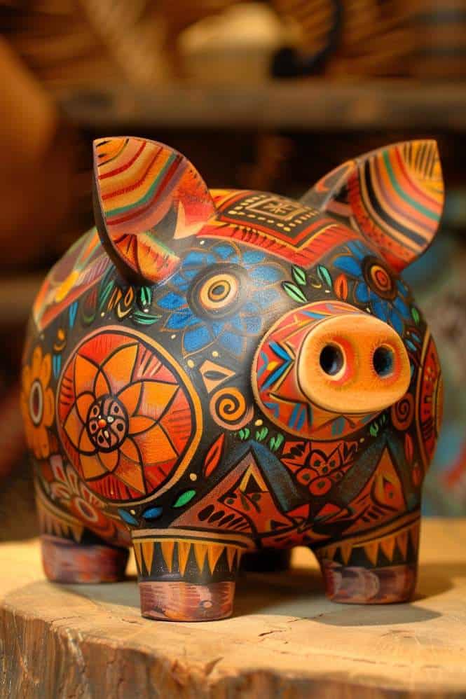Adorned with folk art-inspired patterns, this piggy bank showcases a tapestry of rich colors and symbols.
