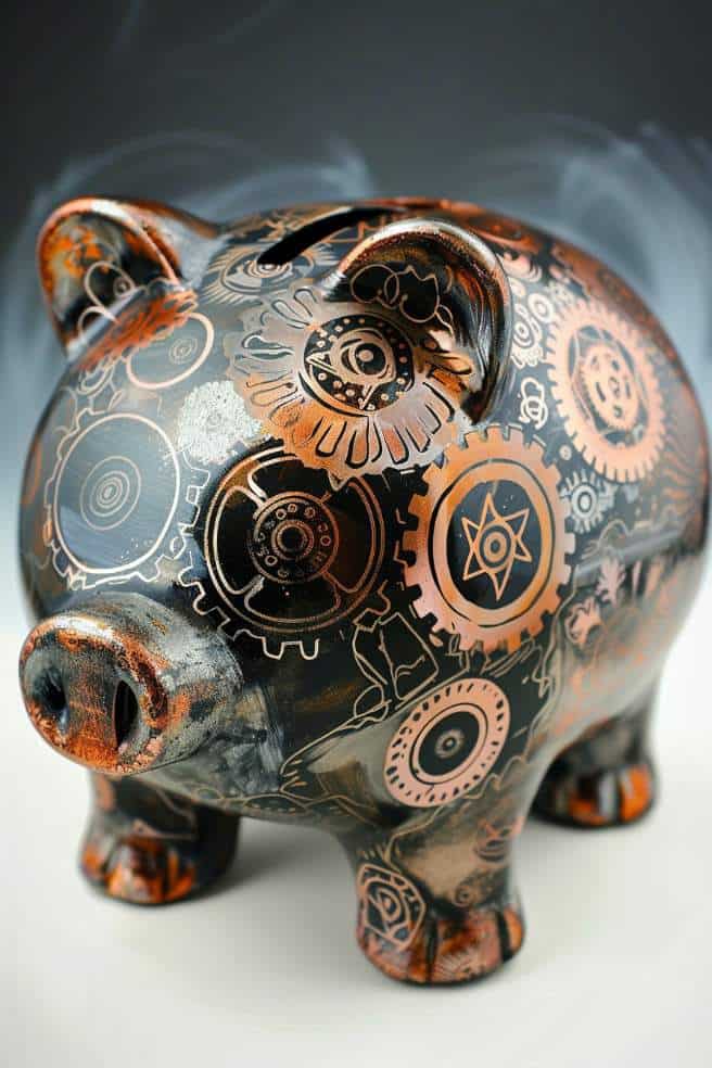 This piggy bank is designed with an industrial look, featuring painted gears with a metallic color scheme.