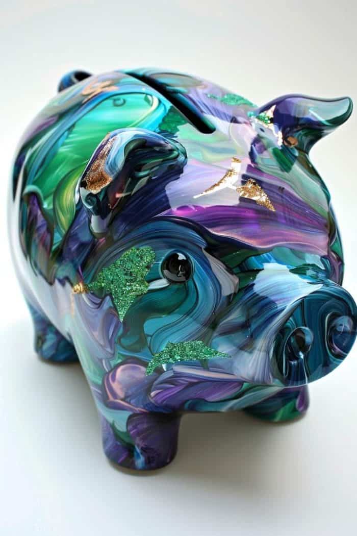 The piggy bank is covered in deep, saturated colors such as emerald green, sapphire blue, and amethyst purple, giving it a regal and sophisticated appearance.