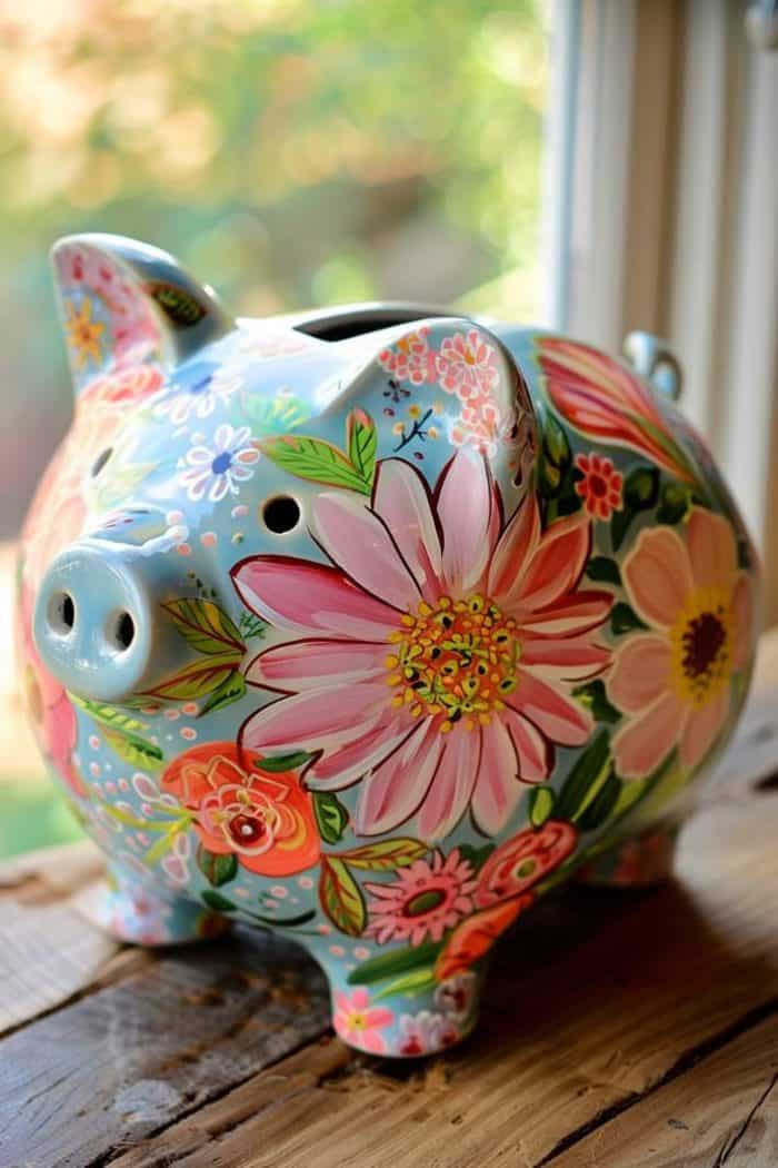 The piggy bank is a canvas for a variety of hand-painted flowers, from roses to daisies, in full bloom.