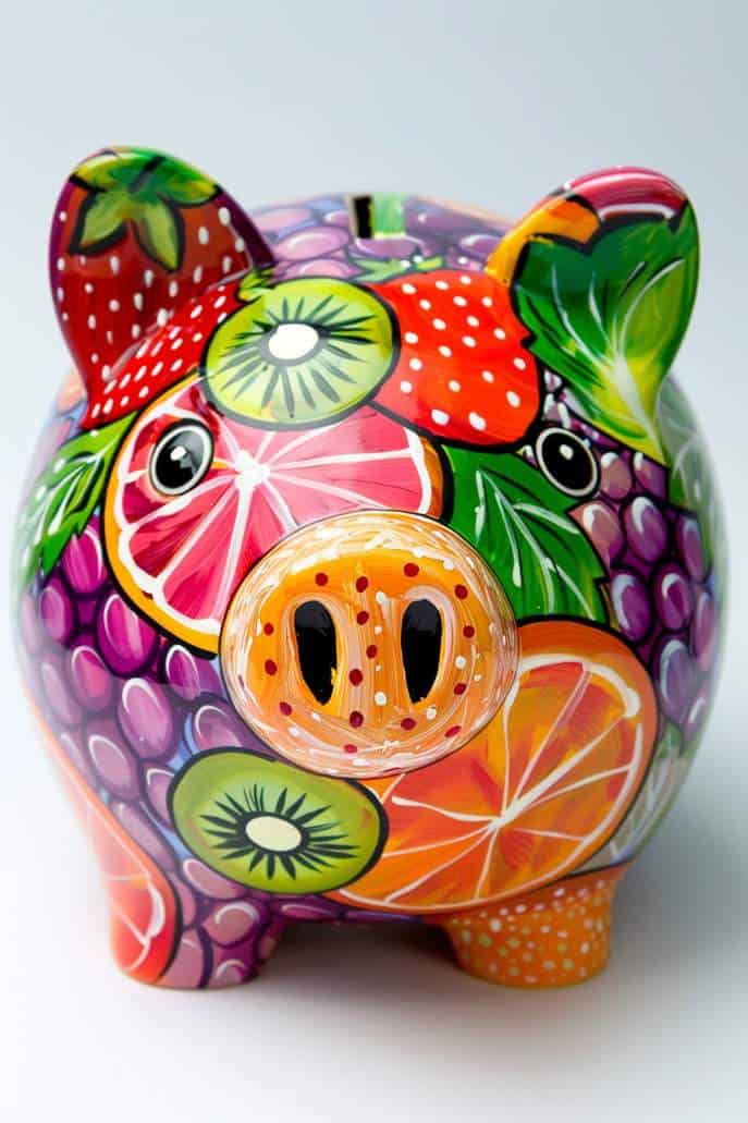 Bright and playful, this piggy bank bursts with the colors of a fresh fruit salad featuring painted strawberries, kiwis, oranges, and grapes.