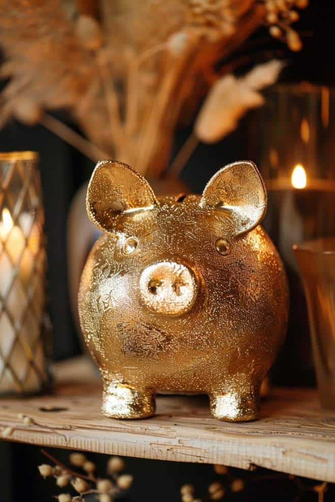 Coated in radiant, glittery gold paint, this piggy bank glistens like an ancient treasure. It's an opulent accessory for those who appreciate a touch of luxury, and its sparkling appearance is enhanced when placed under direct light.