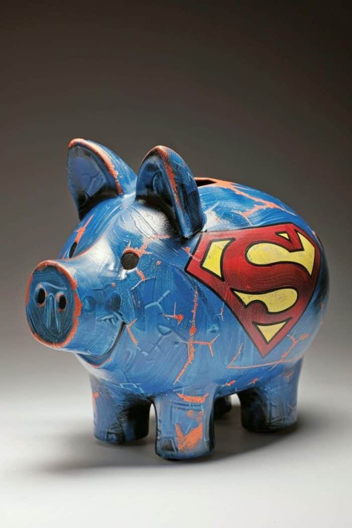This piggy bank is emblazoned with the iconic emblem of a beloved superhero, serving as a symbol of financial empowerment.