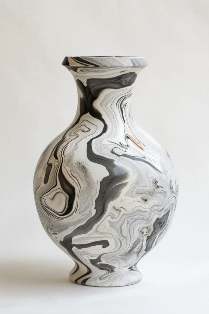 Liquid marbling paints in white, gray, and black are poured and gently swirled over the vase, creating an organic marbled effect. 