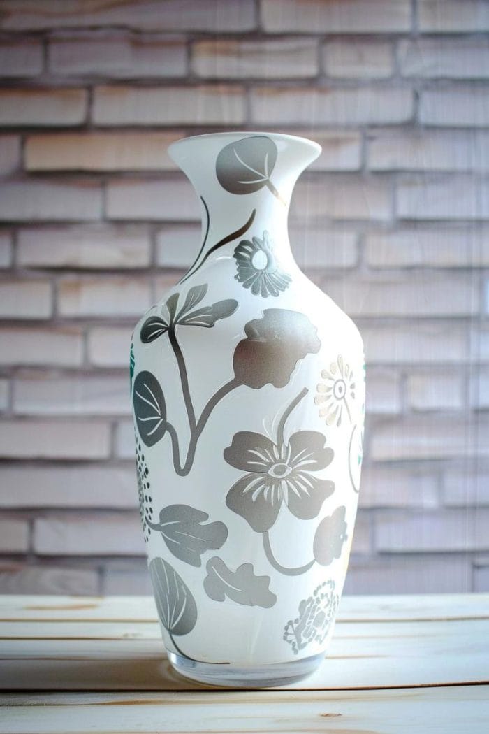 Playful shapes and patterns emerge on the vase's surface where stickers once lay, acting as stencils during the painting process. After strategically placing and sealing the stickers, a coat of paint is applied over the entire vase. 