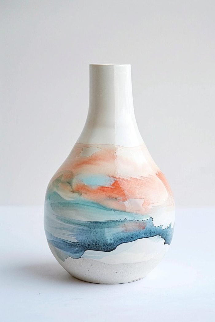 Soft washes of watercolor paint are applied to the vase, blending seamlessly into one another to mimic the fluidity and ethereal quality of watercolor art on paper. 
