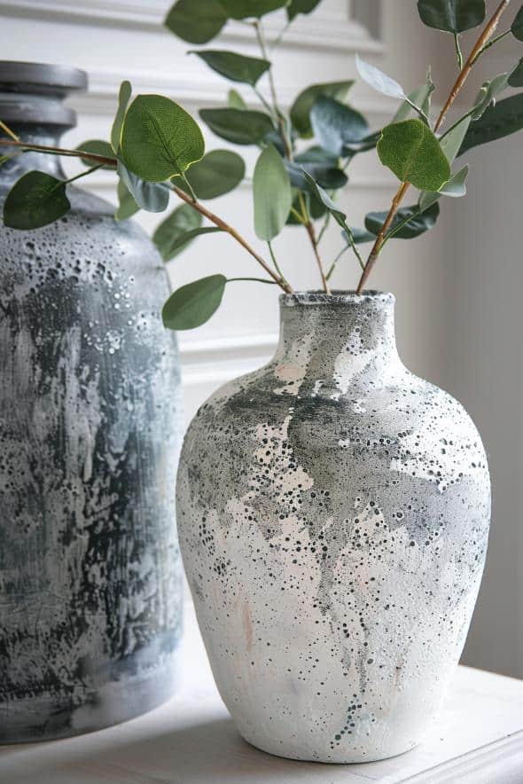 To mimic the ruggedness of stone, gray and off-white acrylic paint is applied to the vase's surface with a sponge. 