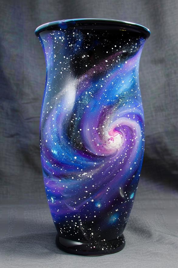 The vase becomes a portal to the stars with a deep blue-black background speckled with white and silver to represent distant galaxies and stars. 