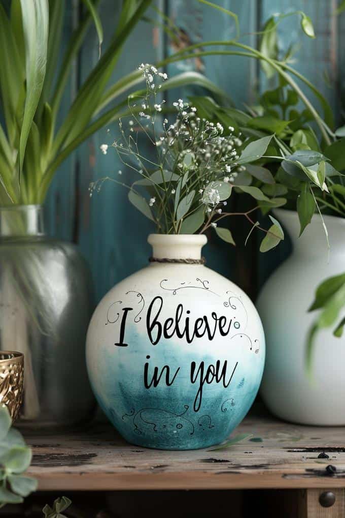 Flowing calligraphy encircles the vase with a blue ombré effect, with words of affirmation like “I believe in you” or “I appreciate you” painted in a contrasting color to stand out against the base hue. 