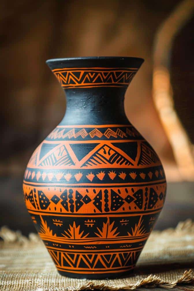 Intricate tribal patterns in black and terracotta wrap around the vase, featuring traditional shapes and symbols. 