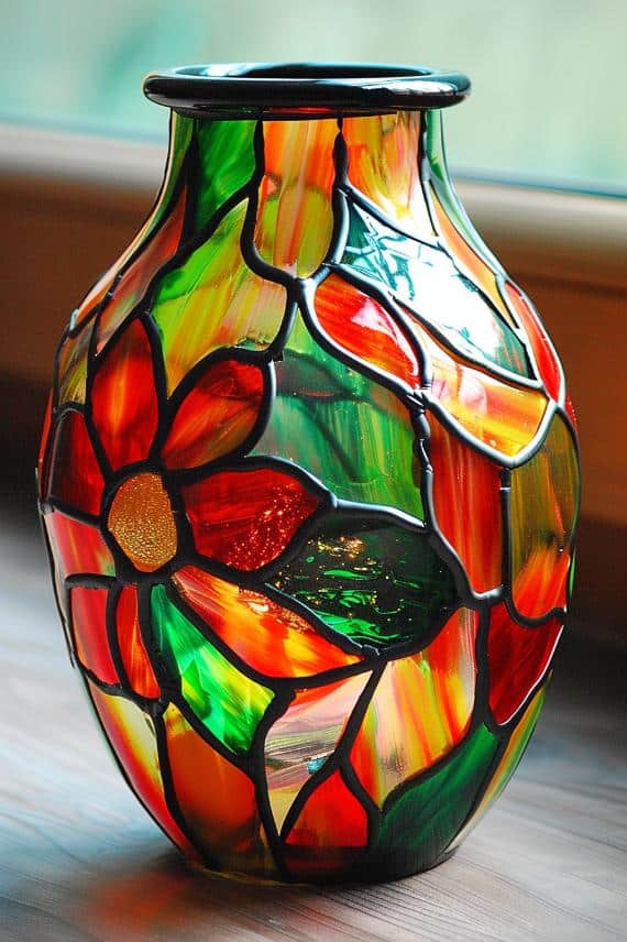 The vase is segmented into various shapes and sizes, each filled with translucent paints of vibrant colors, bordered by thick, black lines to resemble stained glass. 