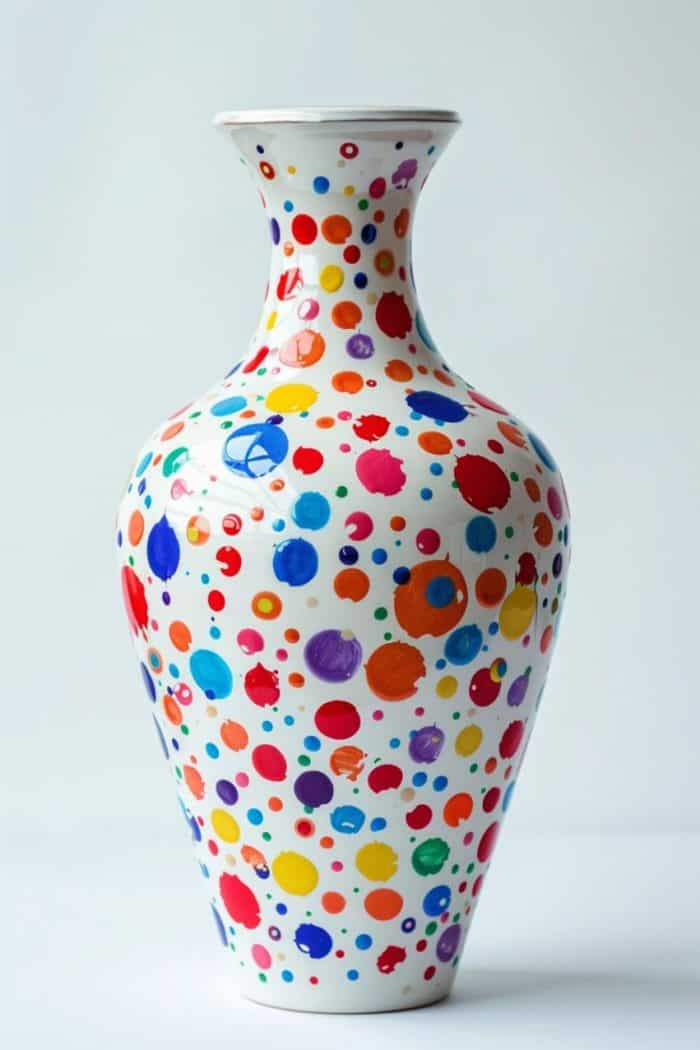A white vase serves as the canvas for splashes of colorful dots resembling confetti tossed in the air. 