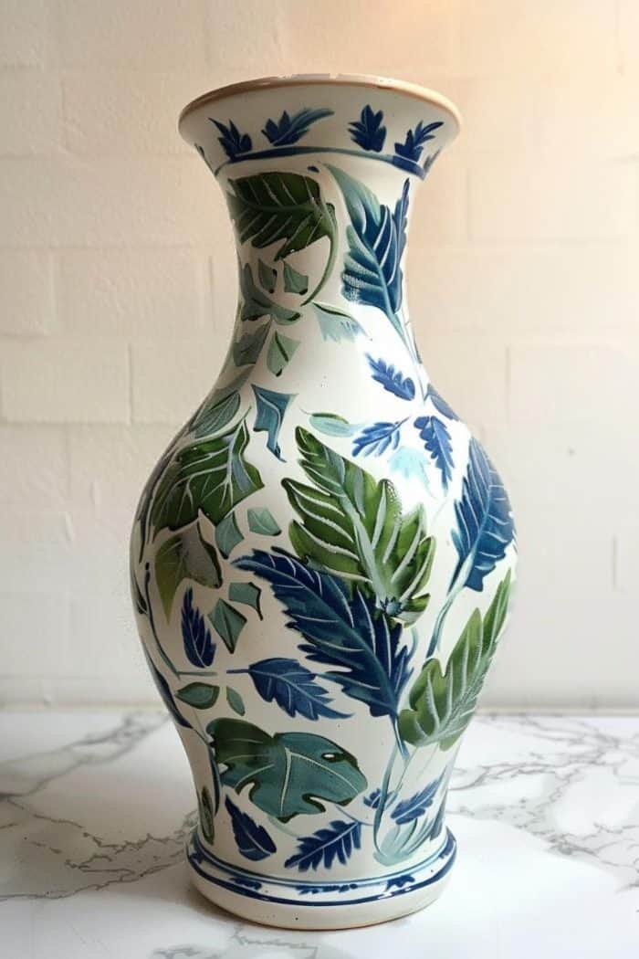 Leaves are painted on this vase to create a detailed botanical design. 