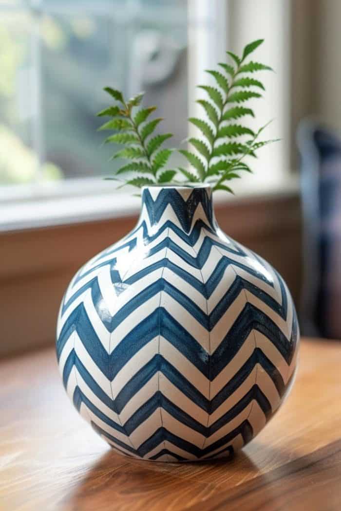 The white vase is adorned with a precise herringbone pattern in a deep shade of blue, creating a sophisticated woven look. 