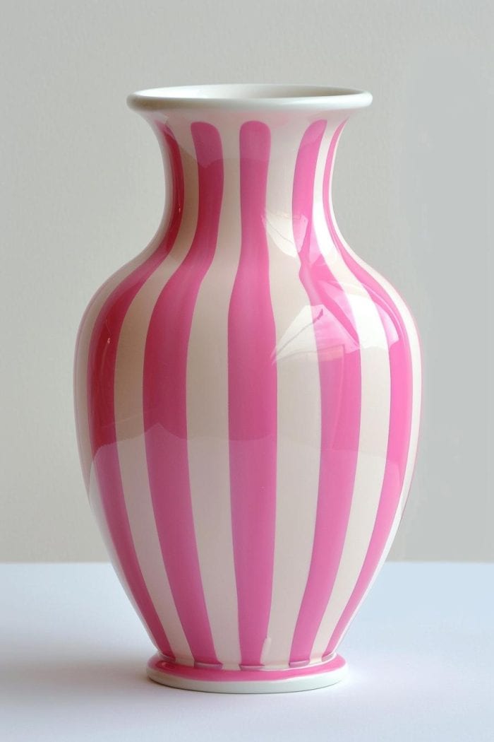The vase features evenly spaced vertical stripes in bright pink and white, reminiscent of candy canes or old-fashioned sweet shops. 