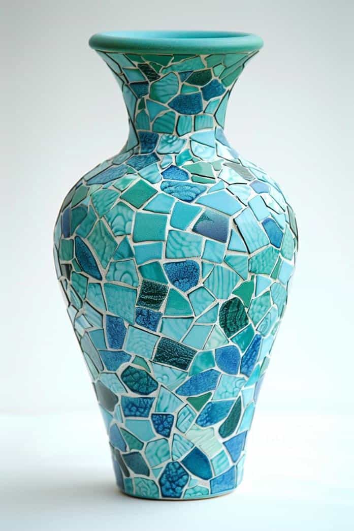 Tiny, hand-painted tiles in blue create a mosaic on the vase that evokes the serene beauty of an underwater scene. 