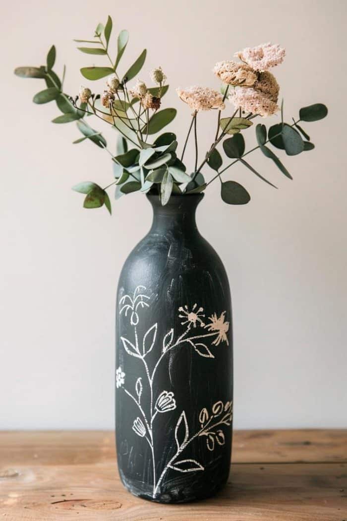 A vase painted with matte black chalkboard paint provides a base for drawing or writing with chalk. 