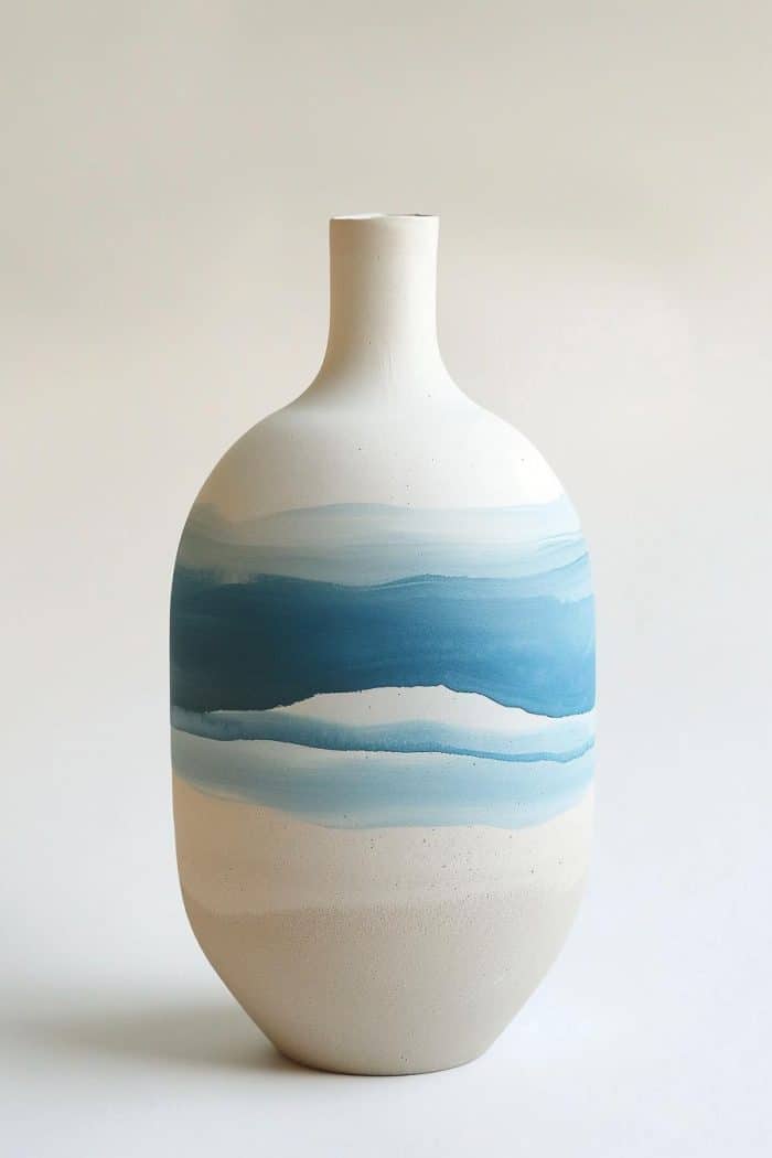 The vase features a gradient of colors, from the sandy beige of the shore to the deep blue of the ocean, culminating in a soft sky blue at the top. 