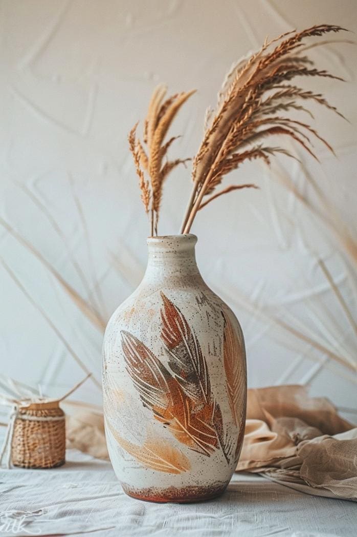 Feather patterns in a variety of earthy tones wind around the vase, each one detailed with fine lines to capture its delicate structure. 