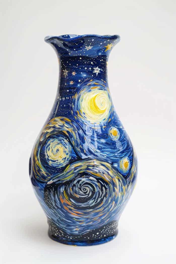 Inspired by the iconic painting, this vase is enveloped in a swirl of deep blues and yellows, with bright white stars dotting the swirling night sky. 