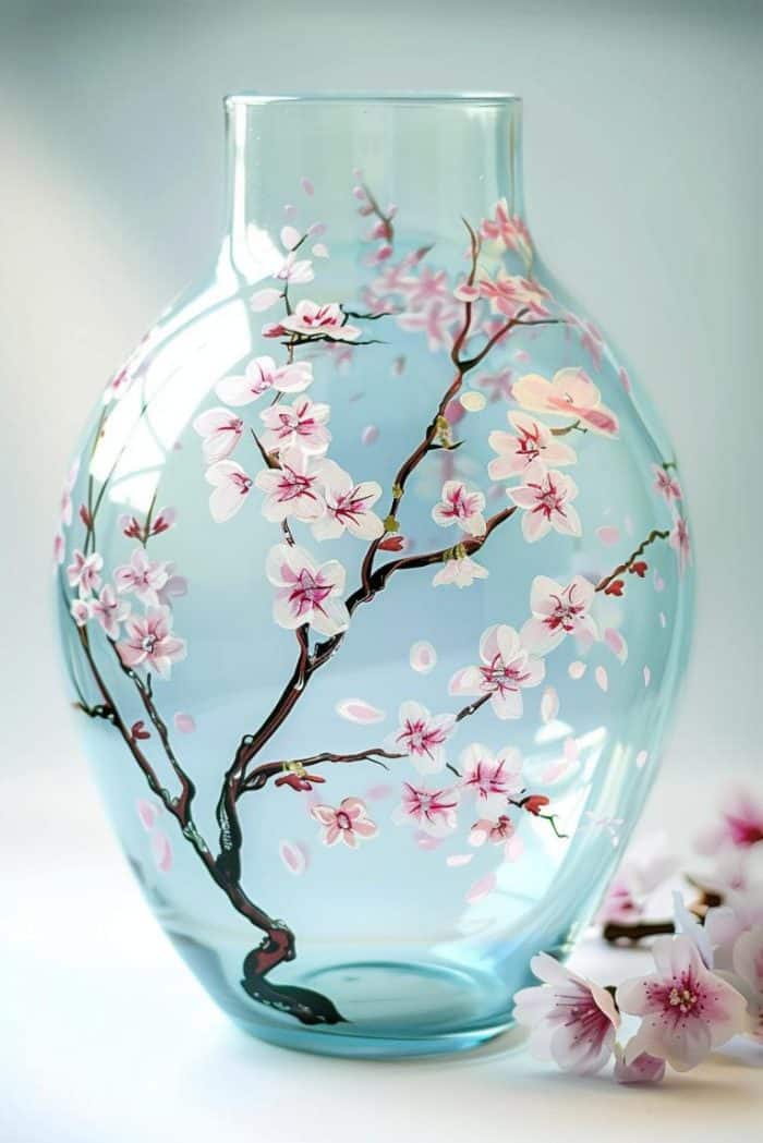 This vase is adorned with the soft pink and white blossoms of the sakura, or cherry tree, set against a clear sky-blue background