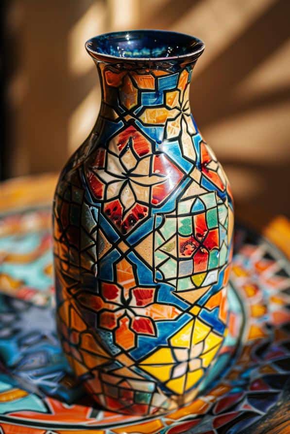 Featuring a complex array of geometric shapes and vivid colors, this vase replicates the ornate design of traditional Moroccan tiles. 