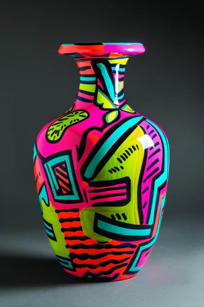 Electric hues of neon paint are used to create bold, blocky shapes and lines on the vase, channeling the vibrant energy of pop art. 