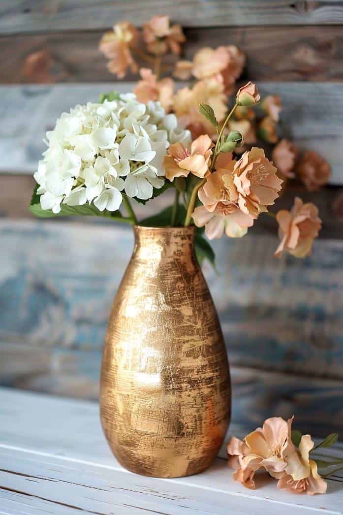 The vase shimmers with luxurious golden paint boasting a distressed effect. 