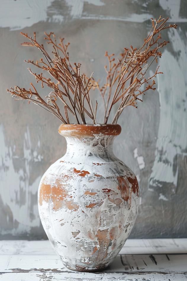 To mimic the look of aged terracotta pots, this design involves carefully adding white paint to a terracotta vase with a thick brush. 